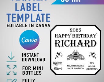 Patron Mini Tequila Label Template: Personalized Birthday, Wedding (Editable in Canva, 50ml, Digital Download)