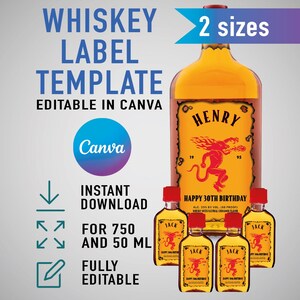 Custom Whiskey Label Template for Canva, Editable Birthday Liquor Bottle Label, Fireball Inspired Gift for Men, 50th Birthday, 0.7L & 50ml