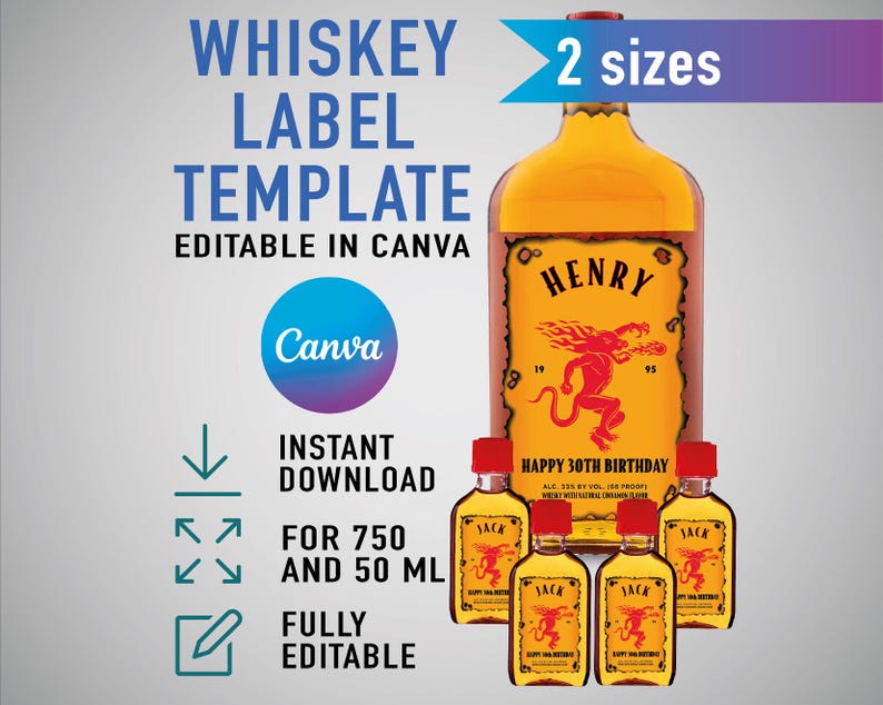 Custom Whiskey Label Template for Canva, Editable Birthday Liquor Bottle Label, Fireball Inspired Gift for Men, 50th Birthday, 0.7L & 50ml