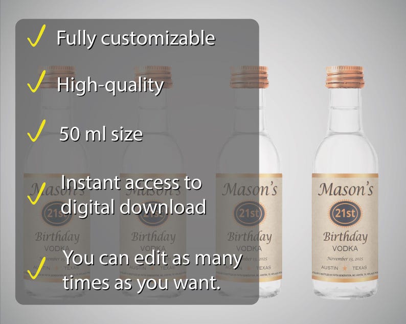 Custom Mini Vodka Template, Titos Label, Printable Personalized Alcohol Label, Birthday Wedding Bachelor Graduation Anniversary Gift. 50ml