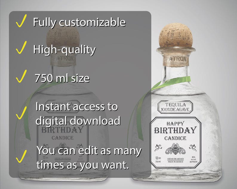 Custom Patron Template, Tequila Label, Printable Personalized Gift For Birthday Wedding Anniversary Graduation Groomsman. Editable in Canva