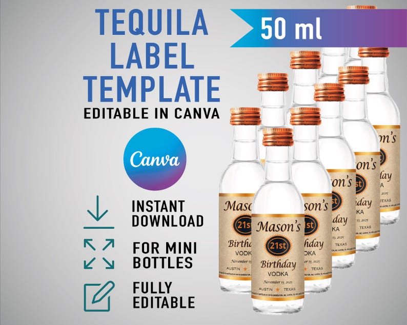 Custom Mini Vodka Template, Titos Label, Printable Personalized Alcohol Label, Birthday Wedding Bachelor Graduation Anniversary Gift. 50ml