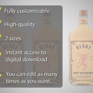 May include: A bottle of liquor with a custom label that reads "HENRY" and "HAPPY 30TH BIRTHDAY." The label features a red mythical creature. The image also includes text that says "Fully customizable," "High-quality," "2 sizes," and "Instant access to digital download."