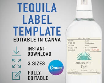 Custom Casamigos label, Personalized Tequila, Birthday, Anniversary, Wedding, Engagement Gift. Editable Canva Template 3 sizes