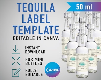 Benutzerdefinierte Mini Casamigos Vorlage, personalisiertes Tequila Etikett, Geburtstag, Jubiläum, Hochzeit, Verlobungsgeschenk. Bearbeitbare Canva Vorlage. 50ml