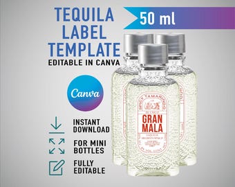 Mini etichetta GRAN MALO personalizzata, tequila personalizzata, regalo per compleanno, anniversario, matrimonio, fidanzamento. Modello Canva modificabile.