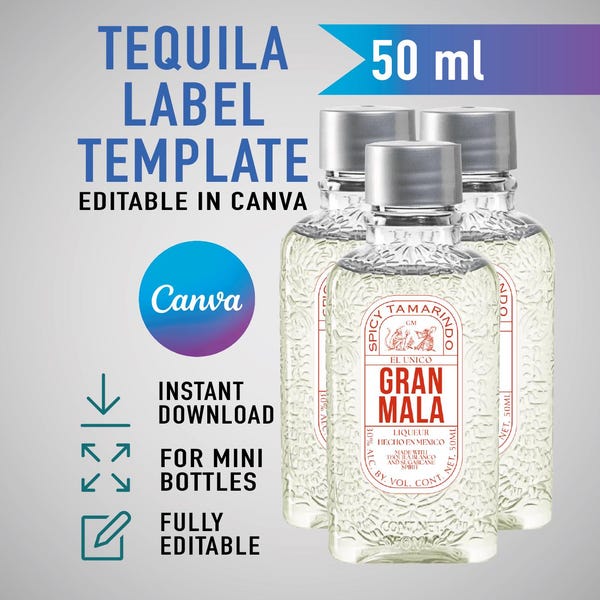 Mini étiquette GRAN MALO personnalisée, tequila personnalisée, anniversaire, mariage, cadeau de fiançailles. Modèle de toile modifiable