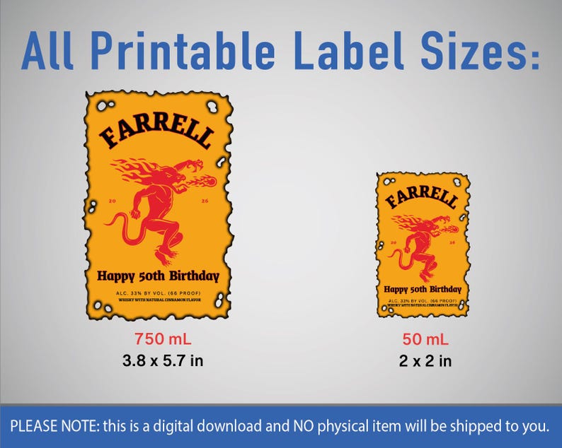 Custom Whiskey Label Template for Canva, Editable Birthday Liquor Bottle Label, Fireball Inspired Gift for Men, 50th Birthday, 0.7L & 50ml
