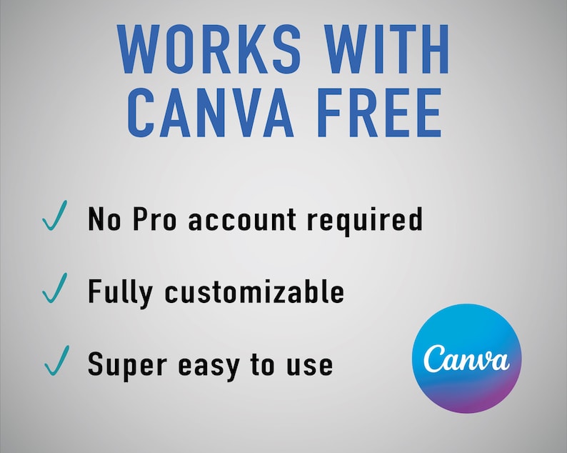 Puede incluir: Gr&aacute;fico con el texto "WORKS WITH CANVA FREE" en azul. Tambi&eacute;n indica "No se requiere cuenta Pro", "Totalmente personalizable" y "S&uacute;per f&aacute;cil de usar". Un logotipo de Canva est&aacute; en la esquina inferior derecha.