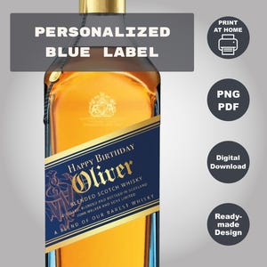 Etichetta blu stampabile, etichetta personalizzata per whisky Johnnie Walker, regalo personalizzato per compleanno, anniversario di matrimonio, laurea, testimone dello sposo, 750 ml