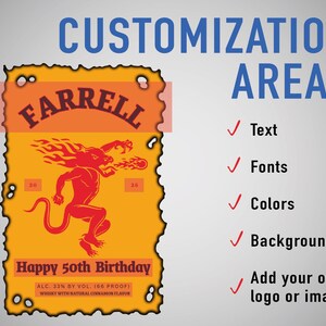 Custom Whiskey Label Template for Canva, Editable Birthday Liquor Bottle Label, Fireball Inspired Gift for Men, 50th Birthday, 0.7L & 50ml