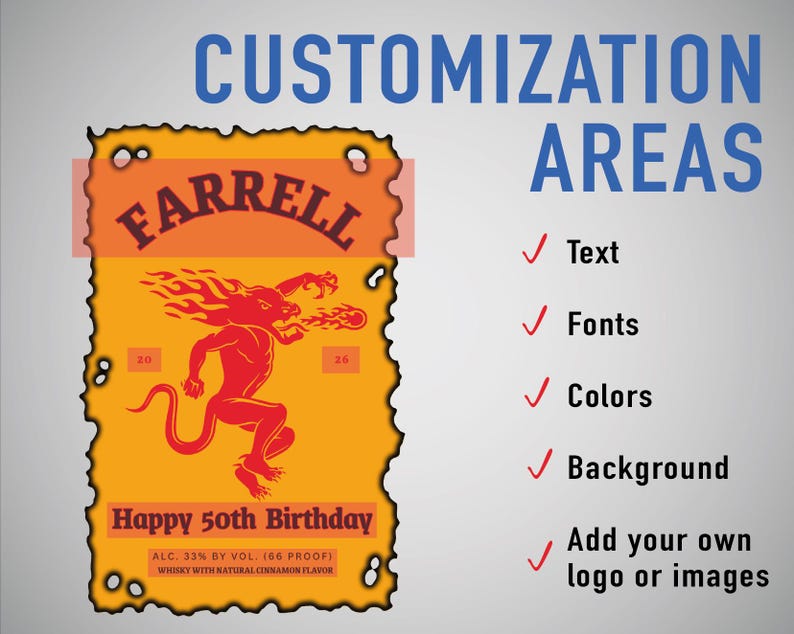 Custom Whiskey Label Template for Canva, Editable Birthday Liquor Bottle Label, Fireball Inspired Gift for Men, 50th Birthday, 0.7L & 50ml