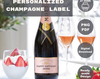 Personalized Pink Champagne Label: Rose Gold Birthday, Wedding (Digital Download)