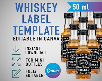 Custom Whiskey Label Template, Personalized Mini bottle for Groomsman, Birthday, Anniversary, Wedding, Engagement. Editable in Canva. 50 ml