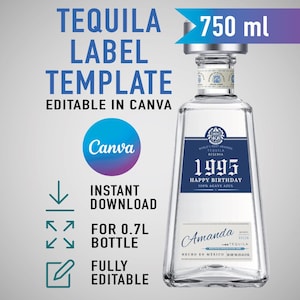 Custom 1800 Tequila Label, Editable Tequila Template, Personalized Bottle for Birthday, Anniversary, Wedding, Feliz Cumpleaños Gift, 0.7L