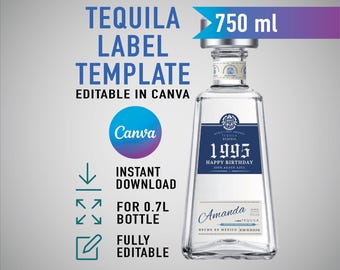 Custom 1800 Tequila Label, Editable Tequila Template, Personalized Bottle for Birthday, Anniversary, Wedding, Feliz Cumpleaños Gift, 0.7L