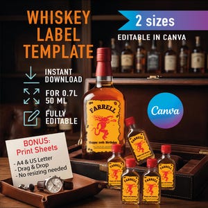 Custom Whiskey Label Template for Canva, Editable Birthday Liquor Bottle Label, Fireball Inspired Gift for Men, 50th Birthday, 0.7L & 50ml