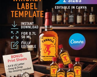 Custom Whiskey Label Template for Canva, Editable Birthday Liquor Bottle Label, Fireball Inspired Gift for Men, 50th Birthday, 0.7L & 50ml