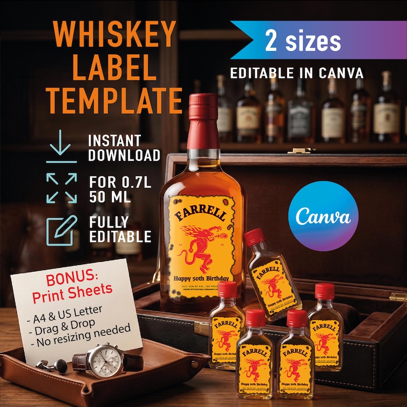 Custom Whiskey Label Template for Canva, Editable Birthday Liquor Bottle Label, Fireball Inspired Gift for Men, 50th Birthday, 0.7L & 50ml