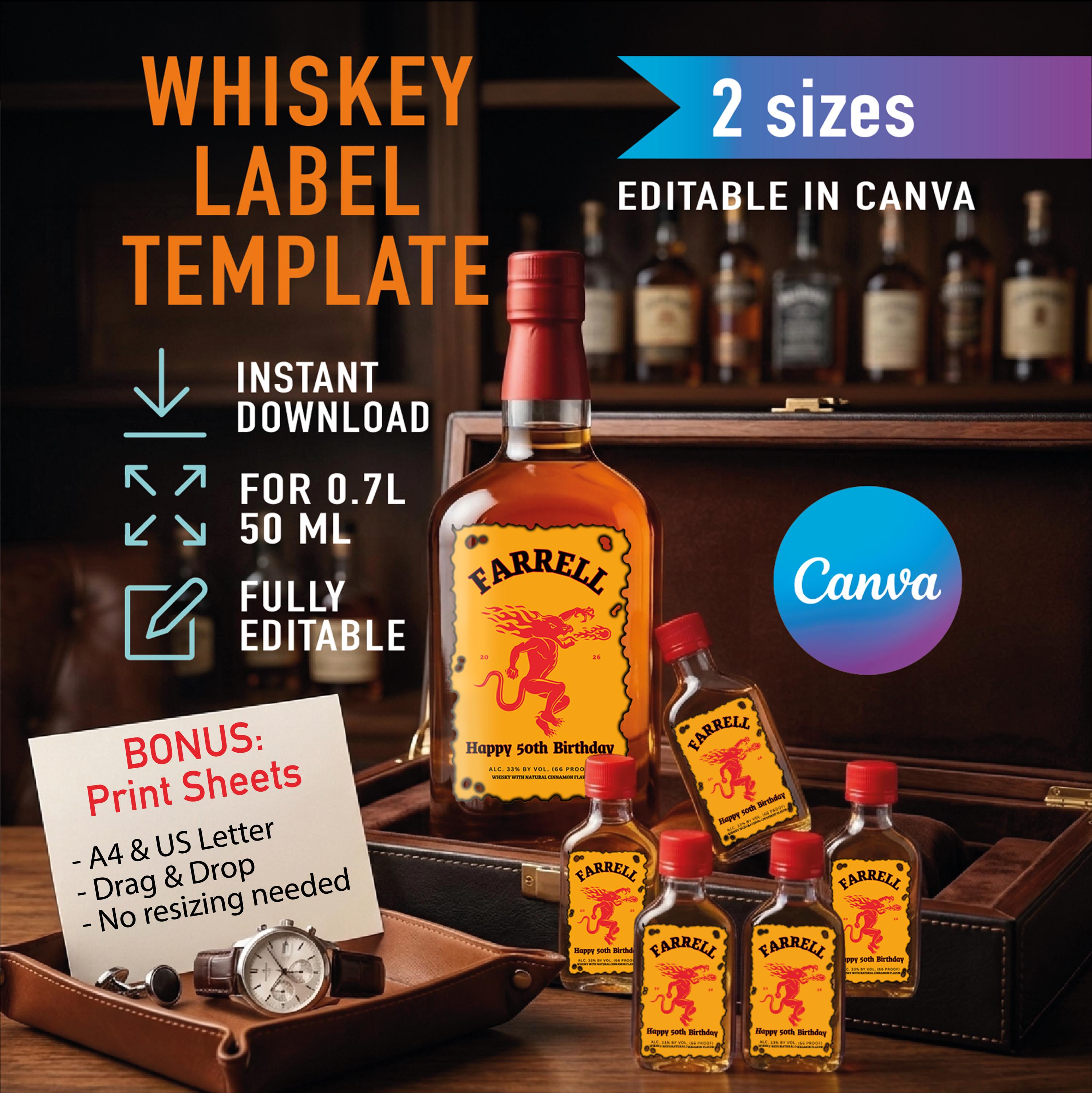 Custom Whiskey Label Template for Canva, Editable Birthday Liquor ...