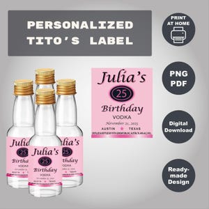 Pink Mini Vodka Label, Custom Titos Labels, Printable Personalized Alcohol Label, Birthday Wedding Bachelor Graduation Anniversary Gift