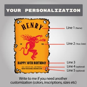 May include: Personalised label with the name "HENRY" in black, featuring a red mythical creature design. The label includes the text "HAPPY 30TH BIRTHDAY" and "ALC. 33% BY VOL. (66 PROOF) WHISKY WITH NATURAL CINNAMON FLAVOR".