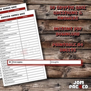 May include: A printable PDF download of 50 cryptic quiz questions and answers. The document is formatted for A4 paper and includes a table with numbered clues and answer spaces. The title "50 Cryptic Quiz Questions & Answers" is in red text. The text "Instant PDF Download" and "Printable A4 Sheets" are also in red text.