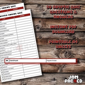 Può includere: Un download PDF stampabile di 50 domande e risposte di un quiz criptico. Il documento è formattato per carta A4 e include una sezione per 20 indizi e risposte della caccia al tesoro.