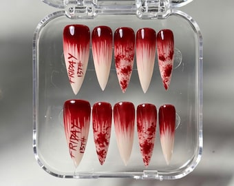 Handmade Friday the 13th Press On Nails – Blood Splatter Stiletto, Gothic Horror