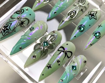 Jade Green Stiletto Press On Nails: Handmade Flower Design