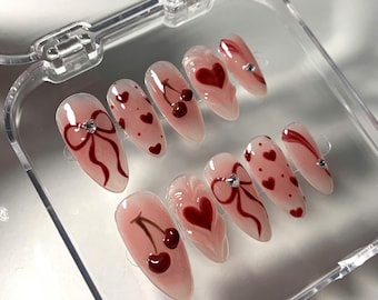 Red Ombre Heart Press On Nails - Valentine's Day Almond Nails