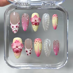 3D Orchid Press On Nails: Pink Ombre Almond Nail Set