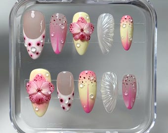 3D Orchid Press On Nails: Pink Ombre Almond Nail Set