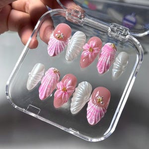 V77 - Summer vacation with flowers, pink medium almond shape press on nail, seashell custom nails design, summer vacation nails, beach nails
