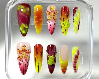 3D Frog & Flower Press On Nails: Tropical Rainforest Jungle Vibe
