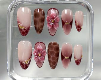 Burgundy Ombre Press On Nails: 3D Flower, Gold Bead & Crocodile Marble