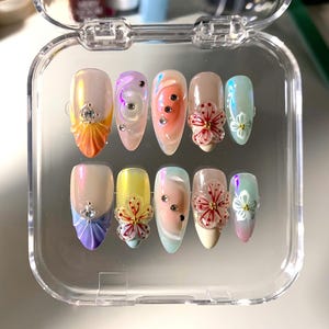 Handmade 3D Flower Press On Nails: Medium Almond, Custom Design