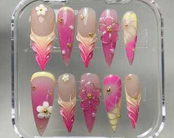 Handmade Pink 3D Flower Press On Nails: Long Stiletto Gothic Nail Design