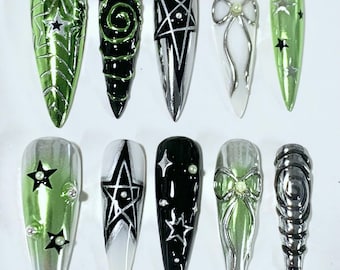 Y2K Black & Green Star Press On Nails: Handmade Custom Design