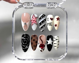 Edgy Mixed Design Almond Shape Press On Nails: Stars, Stripes, Animal Print, 3D Accents