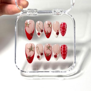 3D Red Cherry Press On Nails: Glossy French Tip Almond Nails