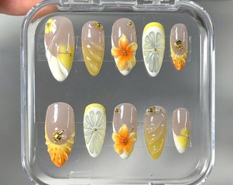 3D Tropical Citrus Press On Nails: Orange Blossom, Lemon Slice - Summer Nail Art