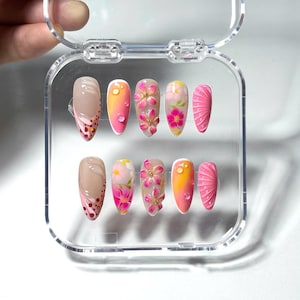 V112 - Tropical Sunset And Blossom Press-On Nails – 3D Floral & Ombre Pink Set, summer beach french tip nails