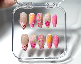 3D Floral Press-On Nails: Tropical Sunset Ombre French Tip