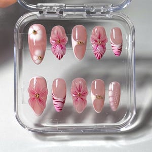 V103 - Summer Floral Press On Nails – Pink 3D Flowers & Zebra Print for Beach Days