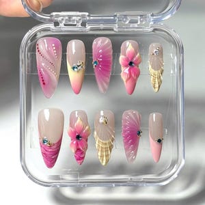 V102 - 3D Tropical Pink Flower Nail Set – Summer Ombre Press On Nails with Crystal Accents - Beach Nails