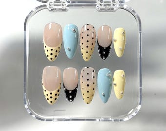 Pastel Polka Dot Press On Nails: Blue & Yellow Rhinestone Almond False Nails