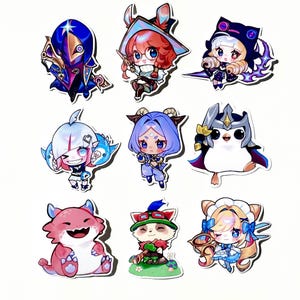 May include: Nine colorful cartoon character stickers. Each sticker features a different character design with unique outfits and expressions. The stickers are on a white background. The characters have a cute, chibi style.