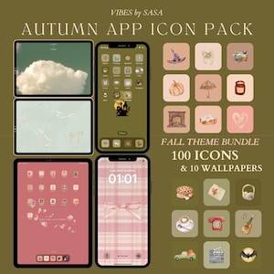 Puede incluir: Una ilustración digital de un paquete de iconos de aplicaciones con temática otoñal con 100 iconos y 10 fondos de pantalla. Los iconos presentan varios diseños con temática otoñal, incluyendo calabazas, hojas y un sombrero de bruja. El texto "FALL THEME BUNDLE 100 ICONS & 10 WALLPAPERS" se muestra en el centro de la imagen.