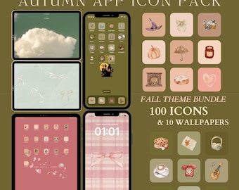 Herbst iOS / iPad Theme | Herbst Wallpaper App Icons Set für iPhone Tablet | Gemütliches Landhaus Halloween Vibes | Nette ästhetische App bedeckt Telefon